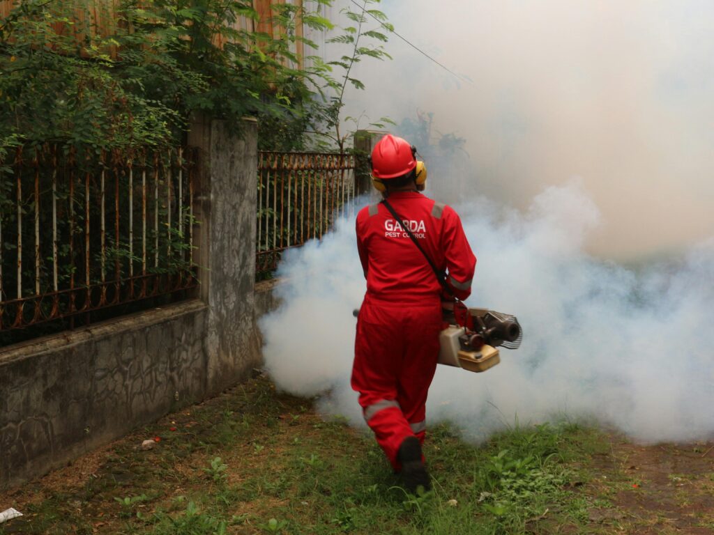 A pest control worker fogging in an outdoor space with smoke to eliminate pests.